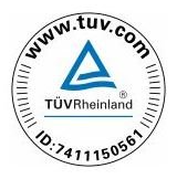 TÜV Rheinland-Zertifizierungssiegel: blaues Dreieck im Kreis, mit „TÜV Rheinland“ und www.tuv.com. ID: 7411150561.