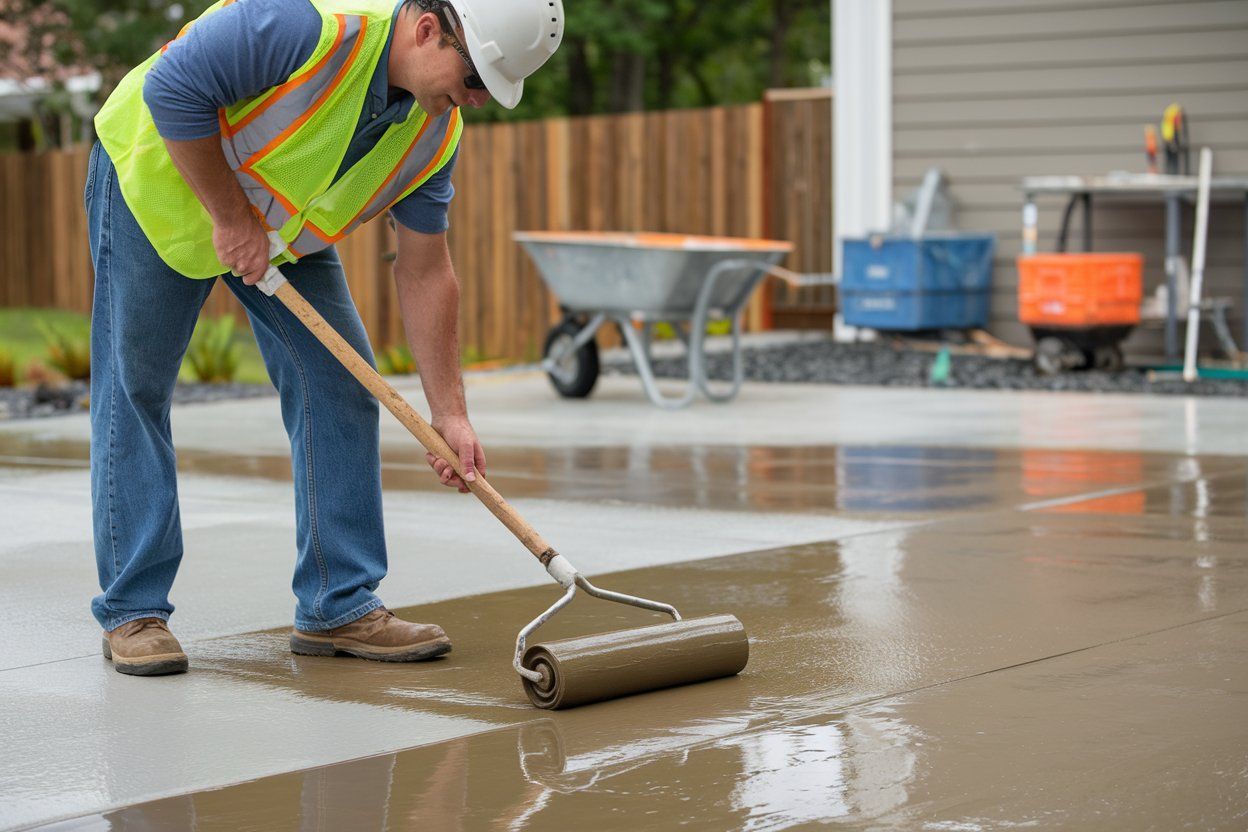 A man is painting a concrete driveway with a roller.