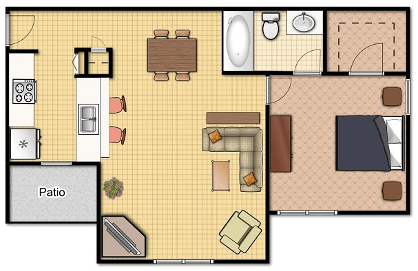 Floor plan of an apartment with kitchen, living room, dining area, bedroom, and bathroom.