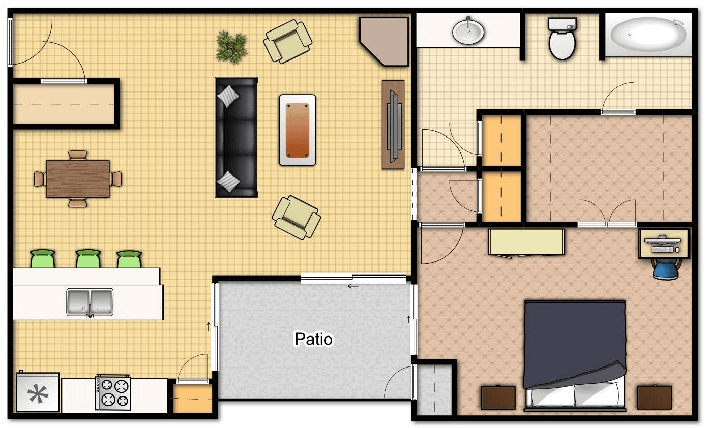Floor plan of an apartment with kitchen, dining, living room, patio, bedroom, and bathroom.