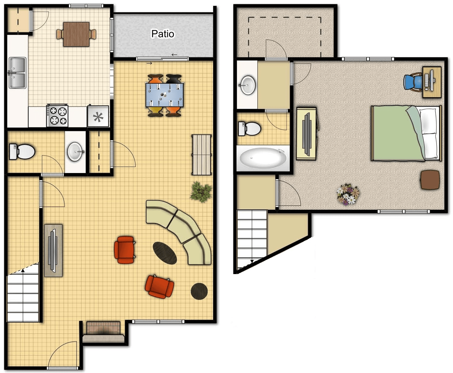 Floor plan of a two-story house with living room, kitchen, dining area, and a bedroom.