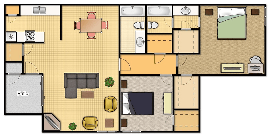 Floor plan of a two-bedroom apartment with kitchen, living, dining, and two bathrooms.