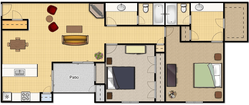 Floor plan of a home with living room, kitchen, two bedrooms, and two bathrooms.