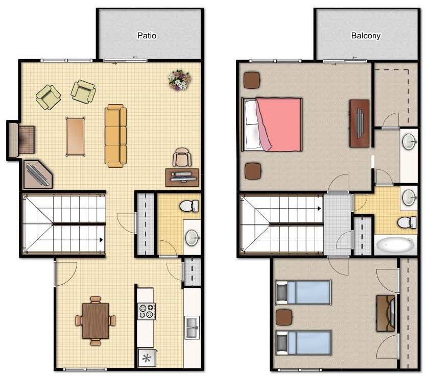 Two-story floor plan of a home with a living room, kitchen, bedrooms, bathrooms, and patios.