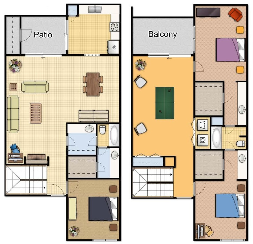 Floor plan of a two-story condo. First floor: living room, dining, kitchen, patio, and bedroom. Second floor: bedrooms and balcony.