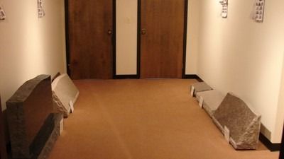 Hallway with brown carpet, two wooden doors, and stone benches along the sides.