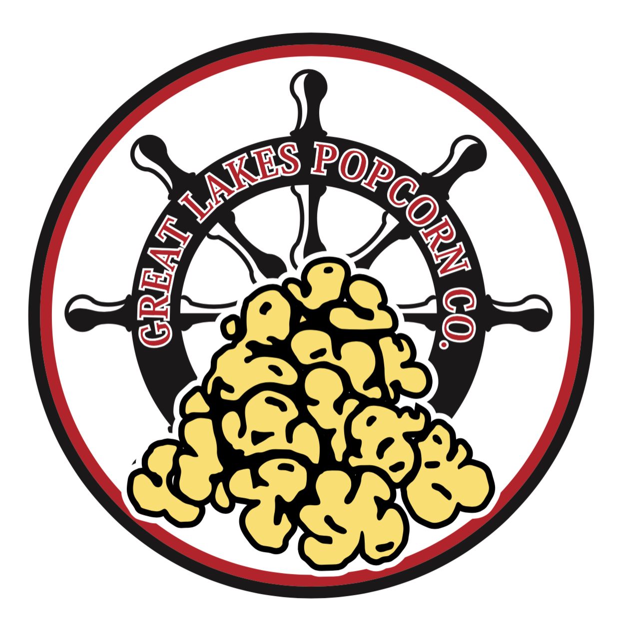 The logo for great lakes popcorn co. has a ship helm and a pile of popcorn in red, black, and yellow.