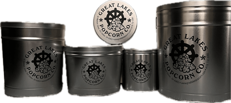 Five sizes of logo tins from Great Lakes Popcorn Co. 