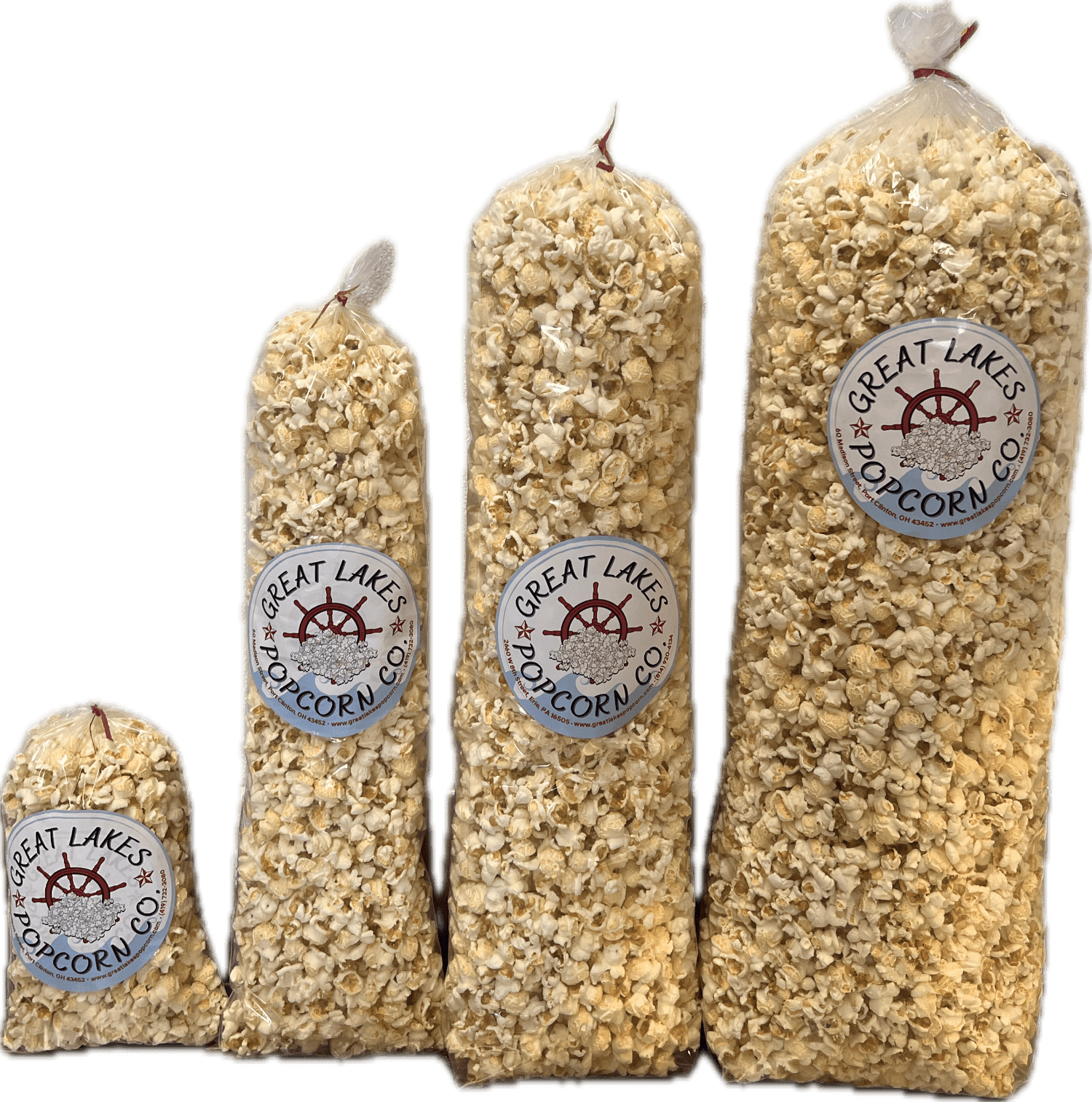 Four sizes of gourmet popcorn bags available at Great Lakes Popcorn Co. are featured with custom label packaging