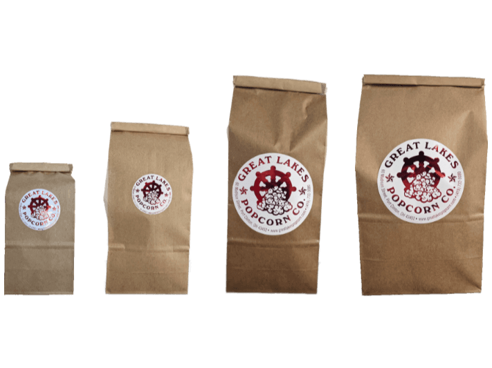 Chocolate drizzle popcorn bags in four sizes available at Great Lakes Popcorn Co.