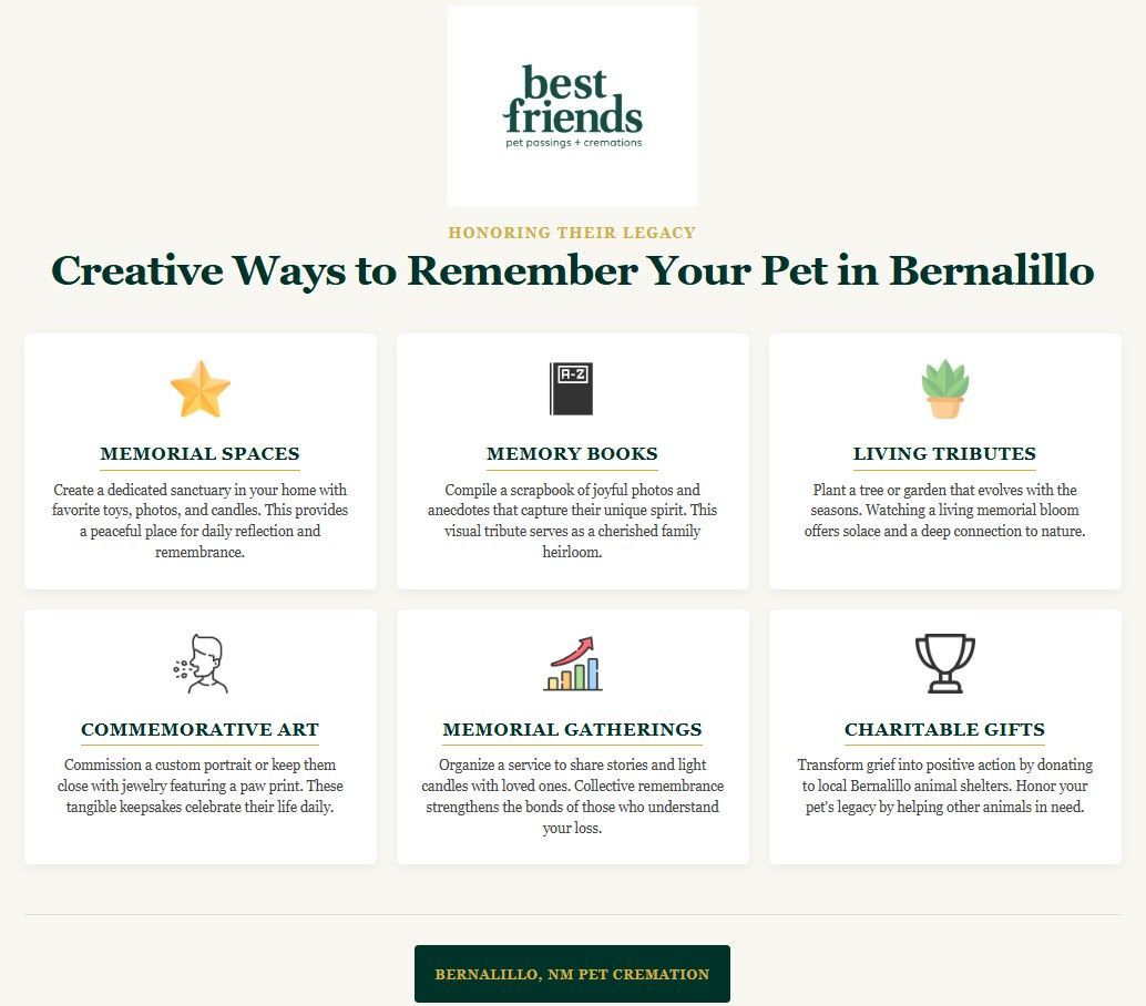 Infographic for Bernalillo, NM pet cremation showing creative ways to remember your pet