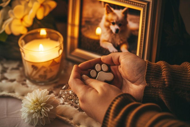 Paw print memorial for Bernalillo, NM pet cremation keepsake beside candle and framed dog photo
