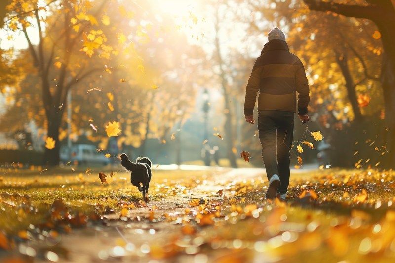 Person walking dog in autumn light for Bernalillo, NM pet cremation on a peaceful leaf-covered path