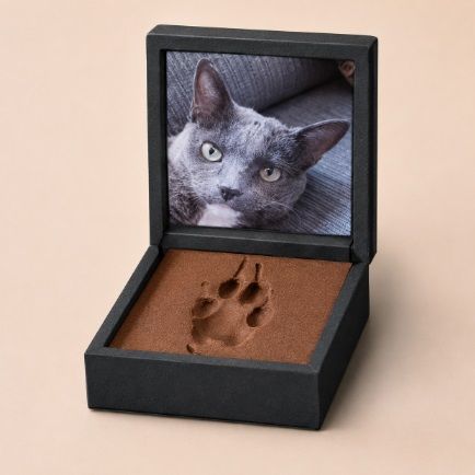 Cat photo and paw print keepsake representing pet cremation in Albuquerque, NM.