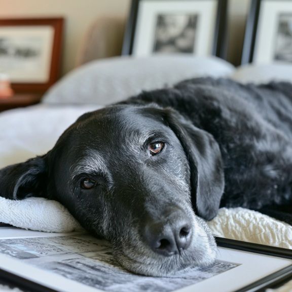 Black dog resting near photos symbolizes pet cremation remembrance in Rio Rancho, NM.