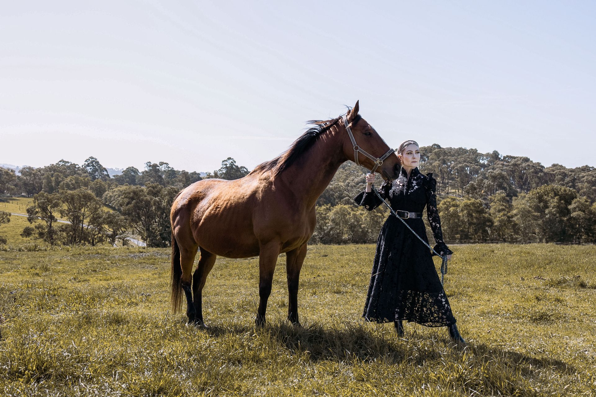 A woman in a black dress is standing next to a brown horse in a field.