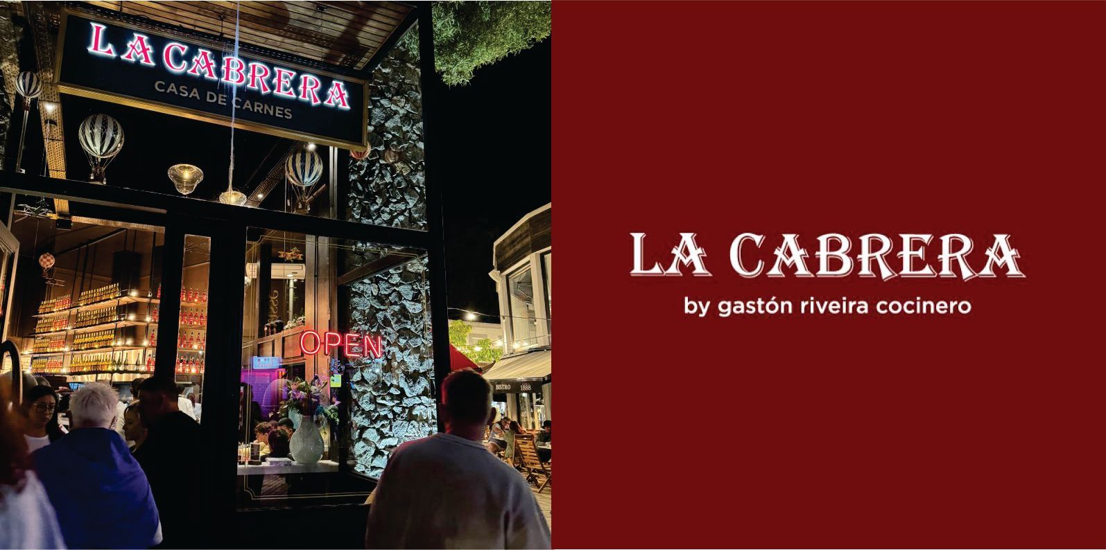 Un grupo de personas está afuera de un restaurante llamado La Cabrera.