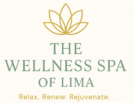 Logo for The Wellness Spa of Lima, with a gold lotus flower and text: 