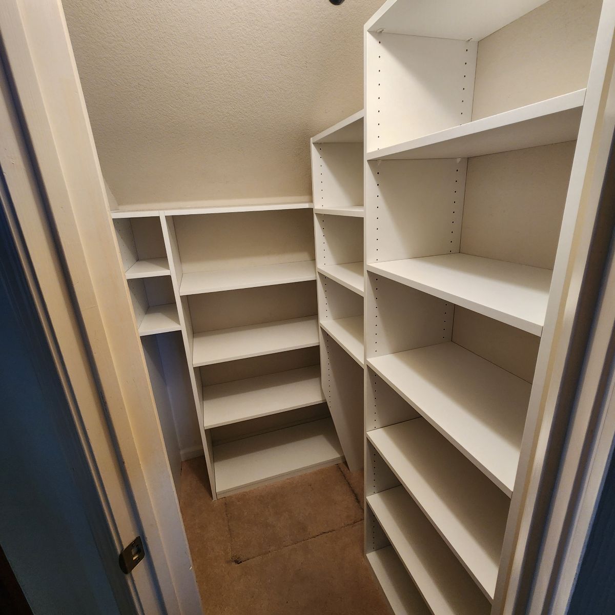 A walk-in closet with built-in white shelves. The closet is empty and has a carpeted floor.