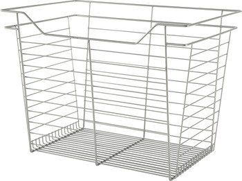 A stainless steel wire basket with handles on a white background