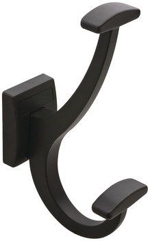 A black coat hook with two hooks attached to it on a white background.
