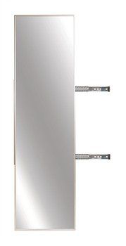 A full length mirror with two shelves attached to it on a white background.