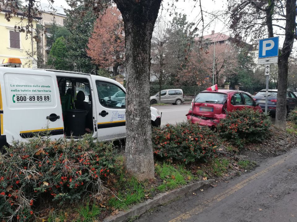 Un furgone bianco è parcheggiato in un parcheggio vicino a un albero.