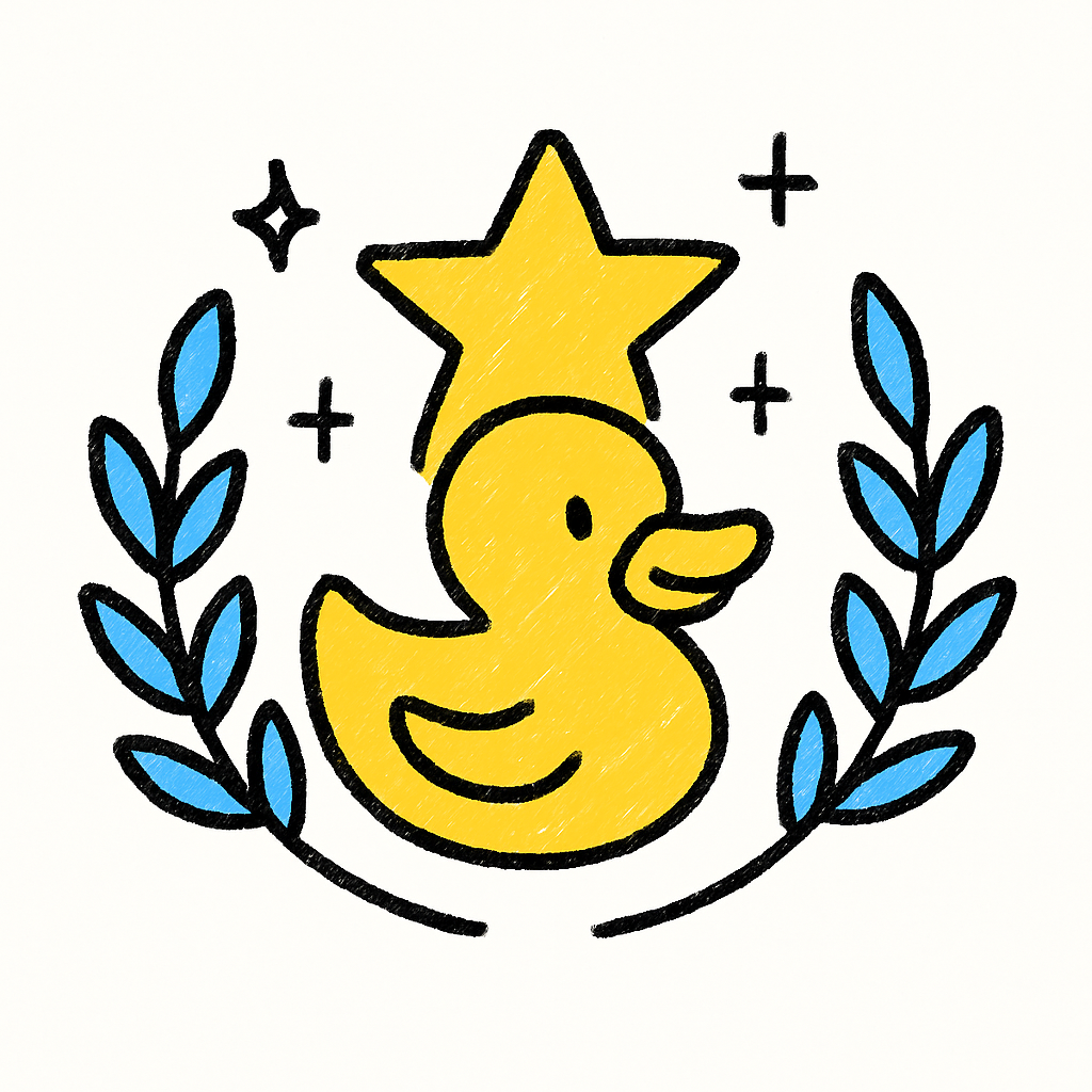 Yellow duck with a star, surrounded by blue leaves.