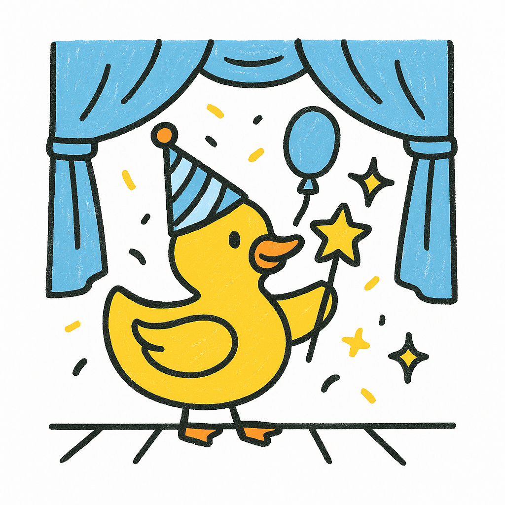 Yellow duck in party hat on stage, holding balloon and star wand, confetti, blue curtains.