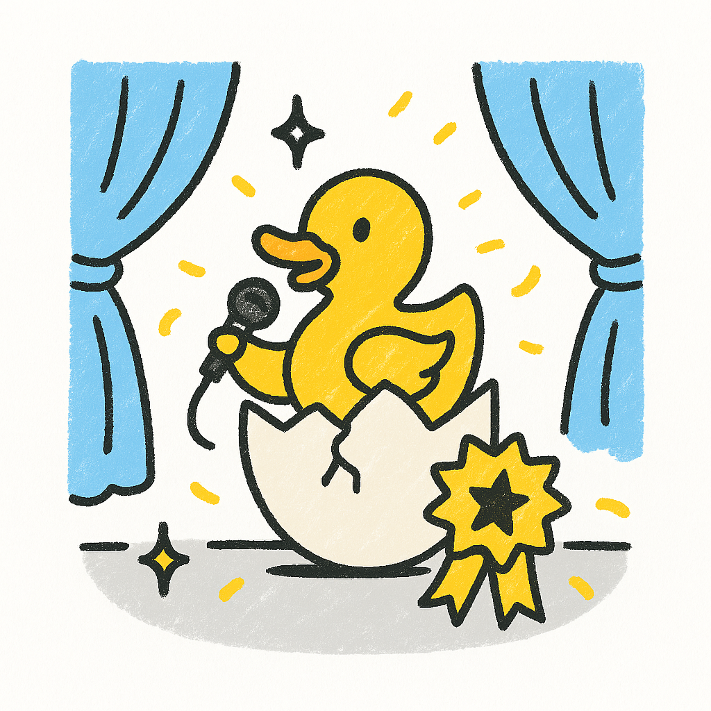 Yellow duckling singing from an egg on stage, holding a microphone. Award ribbon present.