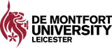 De Montfort University Leicester logo: Lion emblem in maroon, with black text.