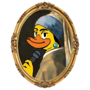 Duck wearing a blue turban and earring, holding a microphone, in a portrait frame.