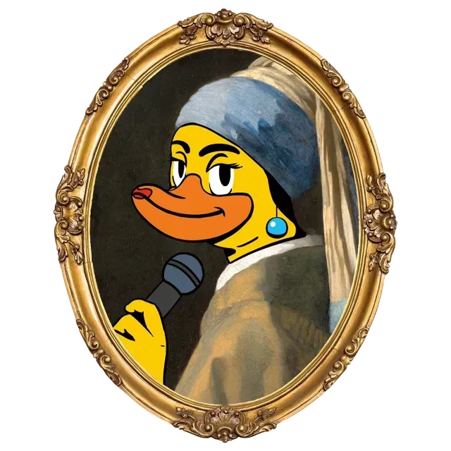 Duck wearing a blue turban and earring, holding a microphone, in a portrait frame.