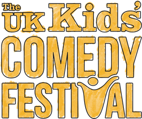 Logo for The UK Kids' Comedy Festival, colorful text with a silhouetted figure with arms raised.