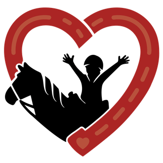 Silhouette of child on horse, arms raised, inside red horseshoe heart.