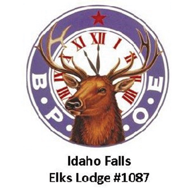 Elk's Lodge #1087 logo: elk head, clock face, purple circle with B.P.O.E. text, and Idaho Falls text.