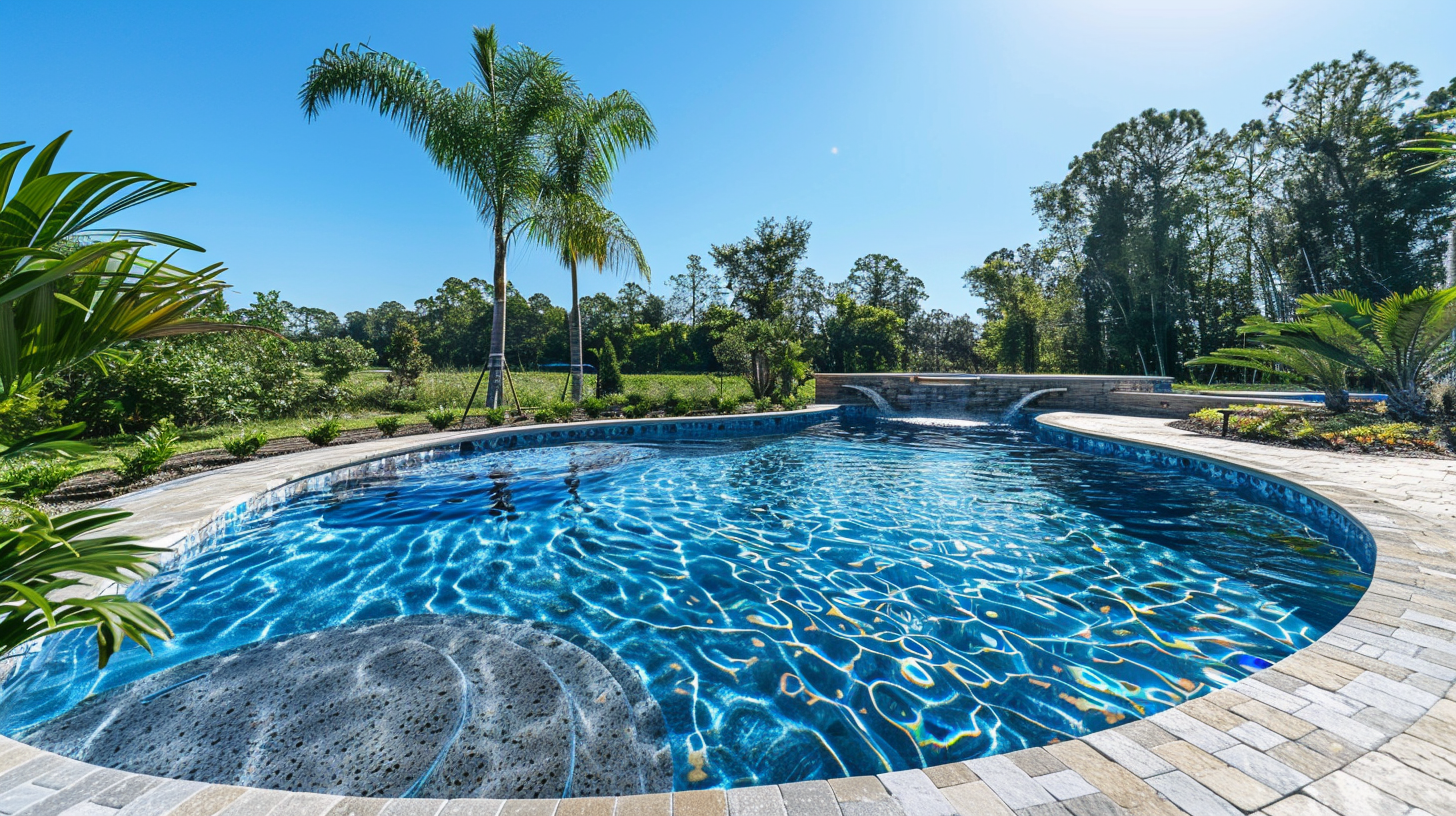 A sparkling, newly resurfaced pool with smooth, pristine tiles, glistening under the sunlight