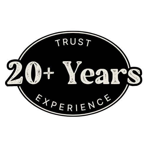 Black oval badge with the text 