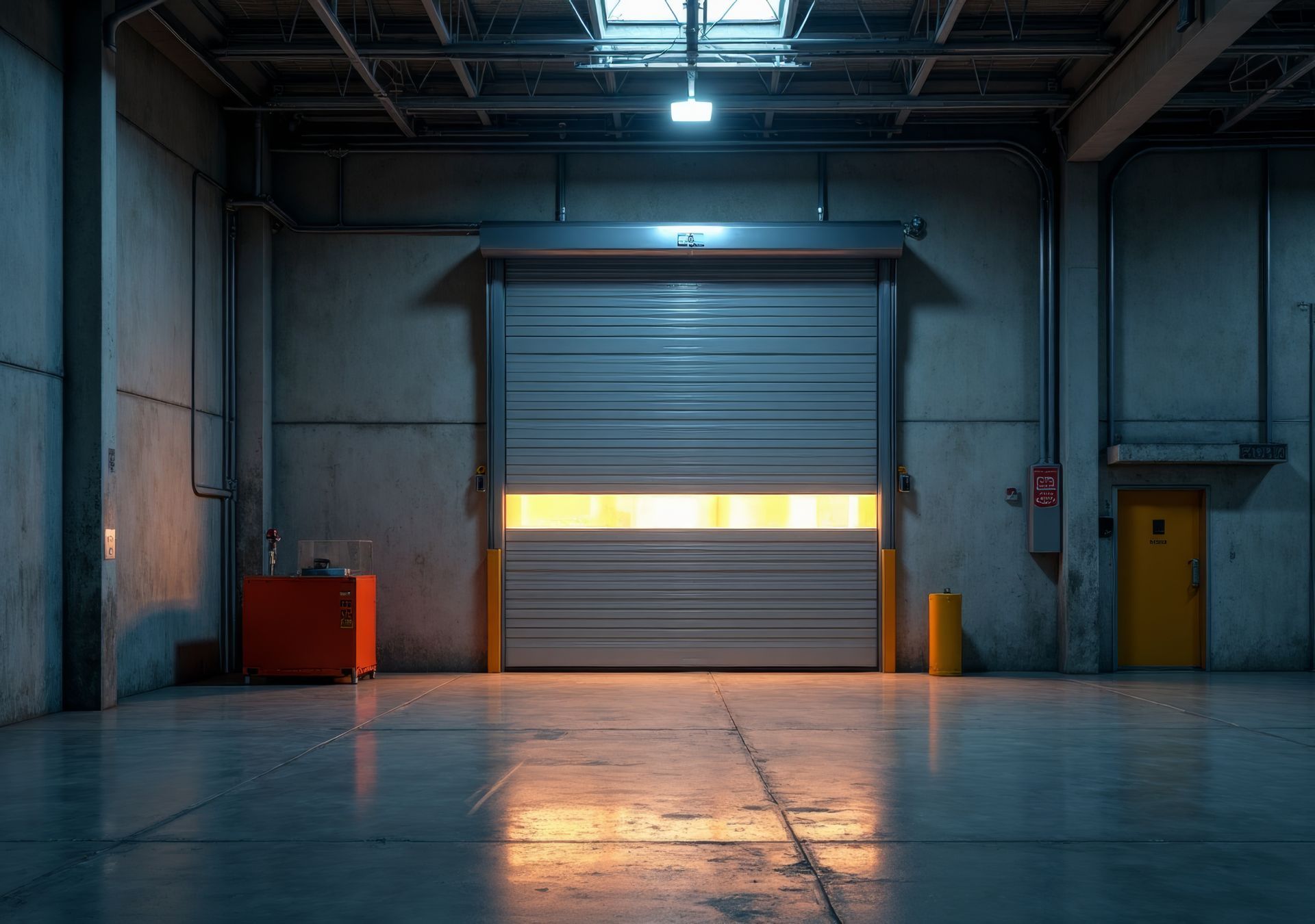 Warehouse interior with a partially open, bright garage door. Concrete floor and walls, overhead lighting.