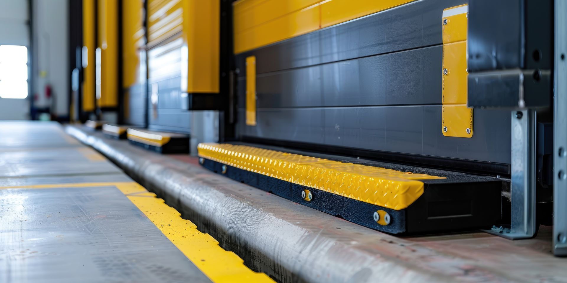 Loading dock with yellow and black bumpers. Concrete floor, yellow lines, and industrial doors.