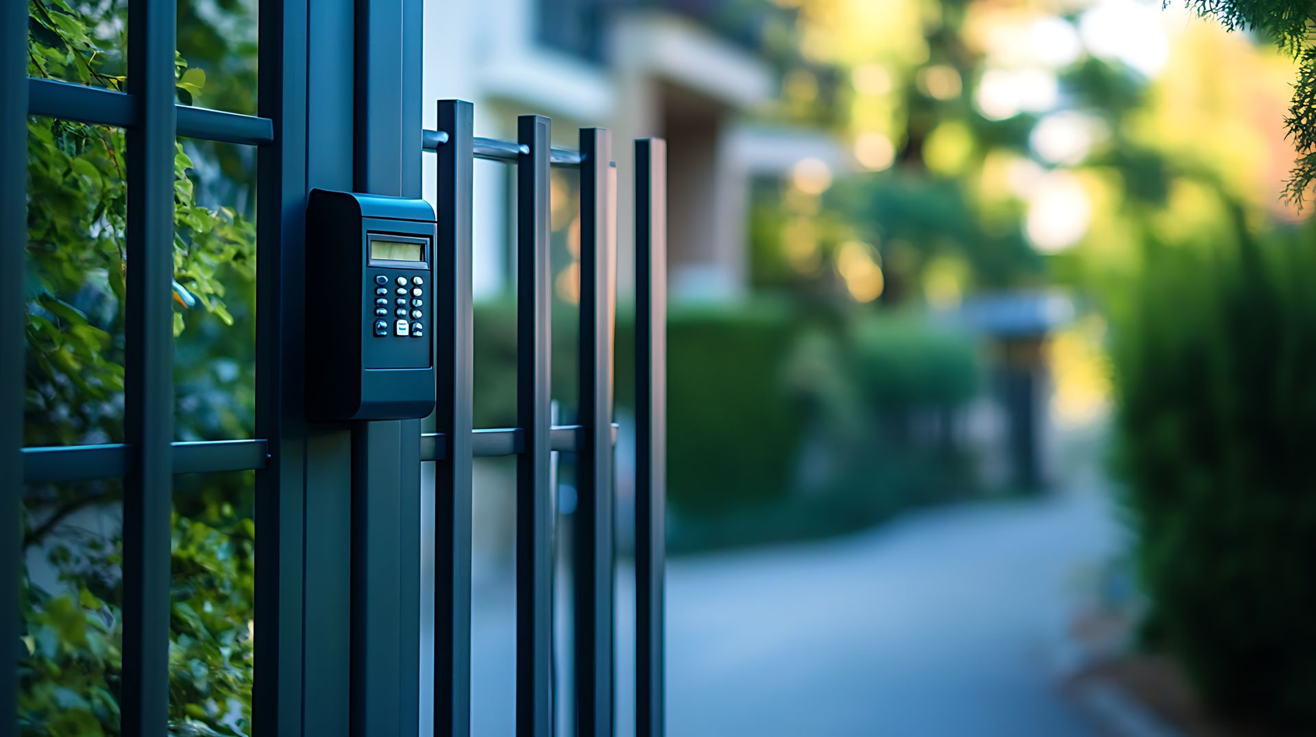 Black metal gate with keypad, leading to a path and blurred greenery.