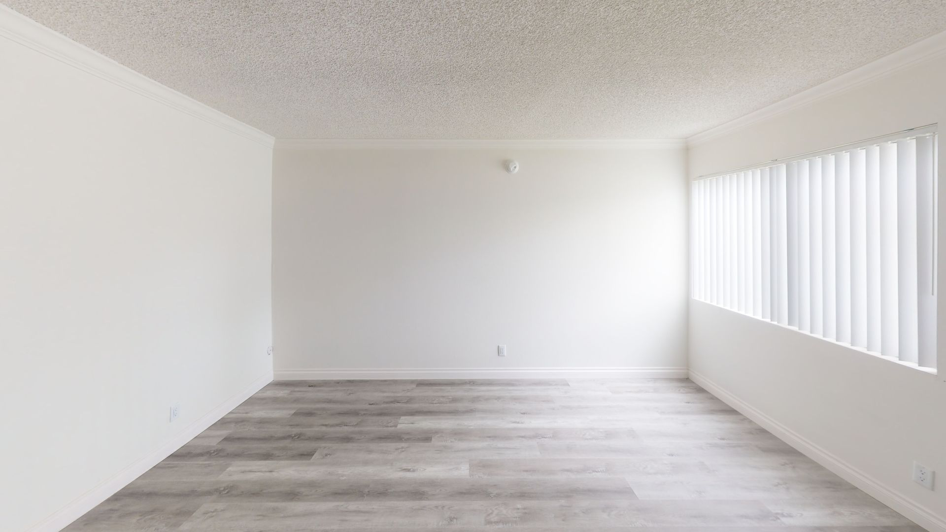 Empty room with white walls, gray wood floor, and a window with blinds.