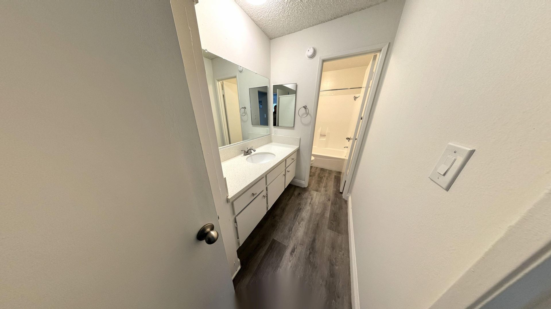 Narrow bathroom with a white vanity, mirror, and a door leading to a shower. Gray wood-look flooring.
