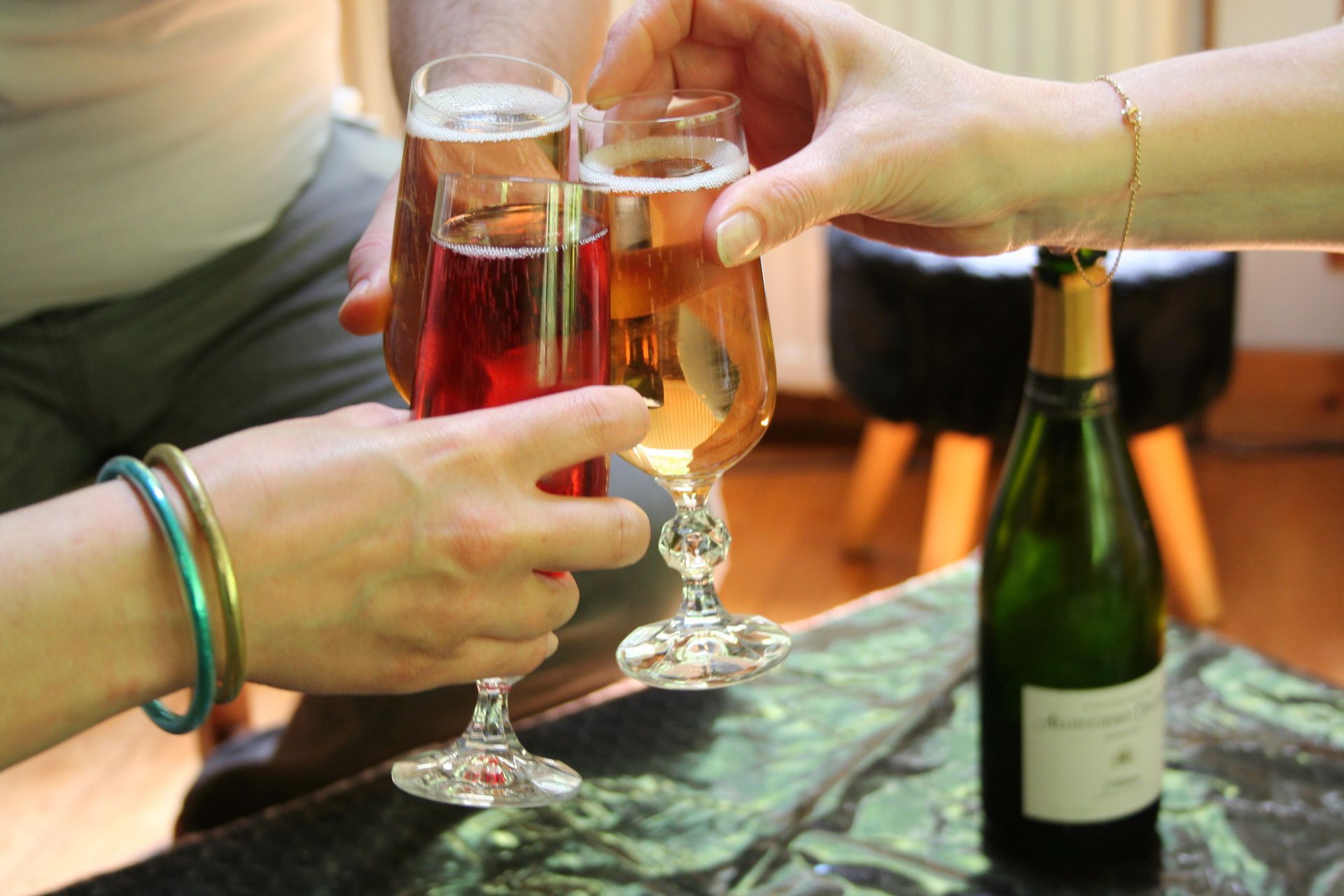 Two people are toasting with champagne glasses and a bottle of champagne