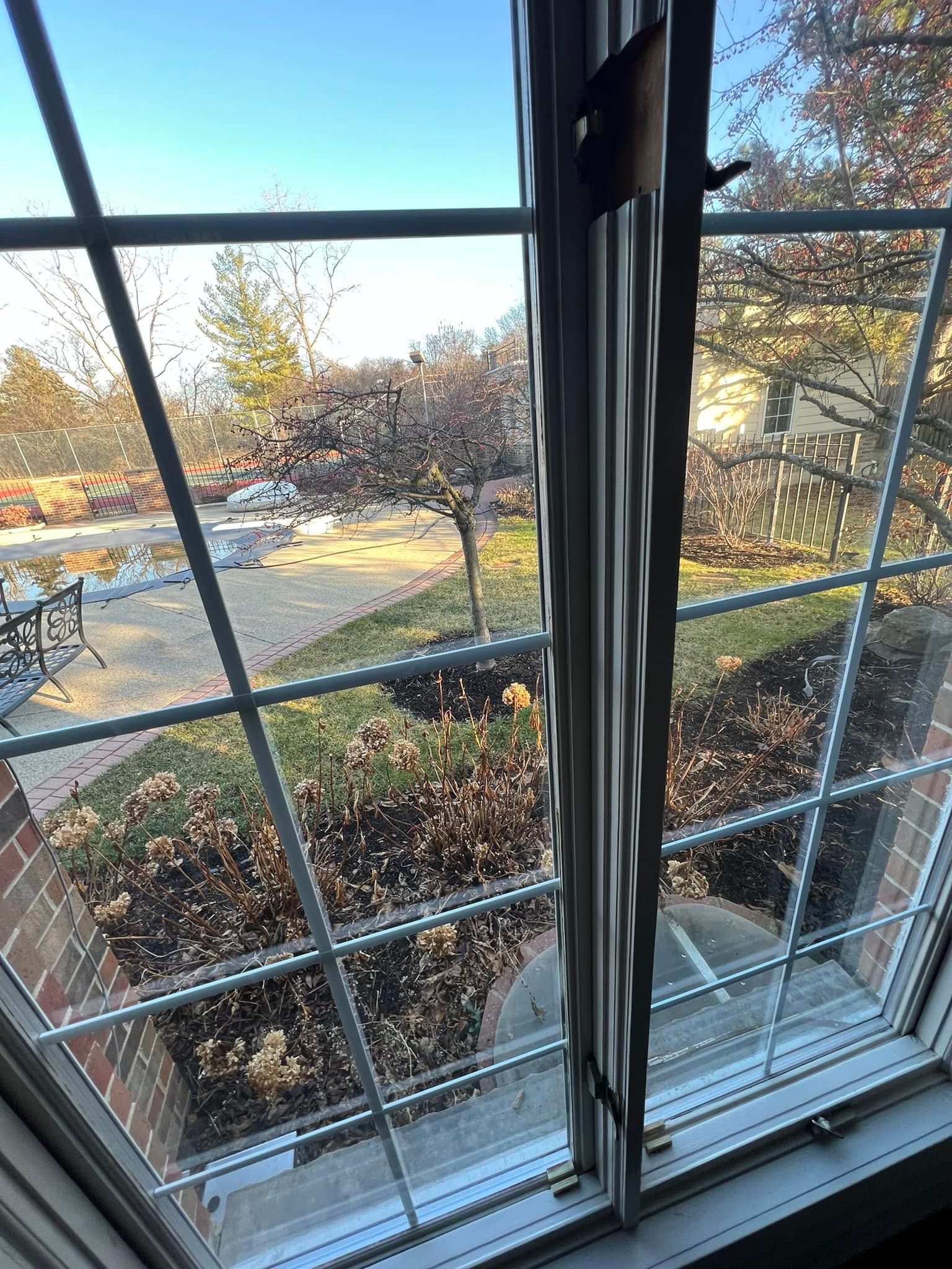 A window with a view of a yard and a patio.