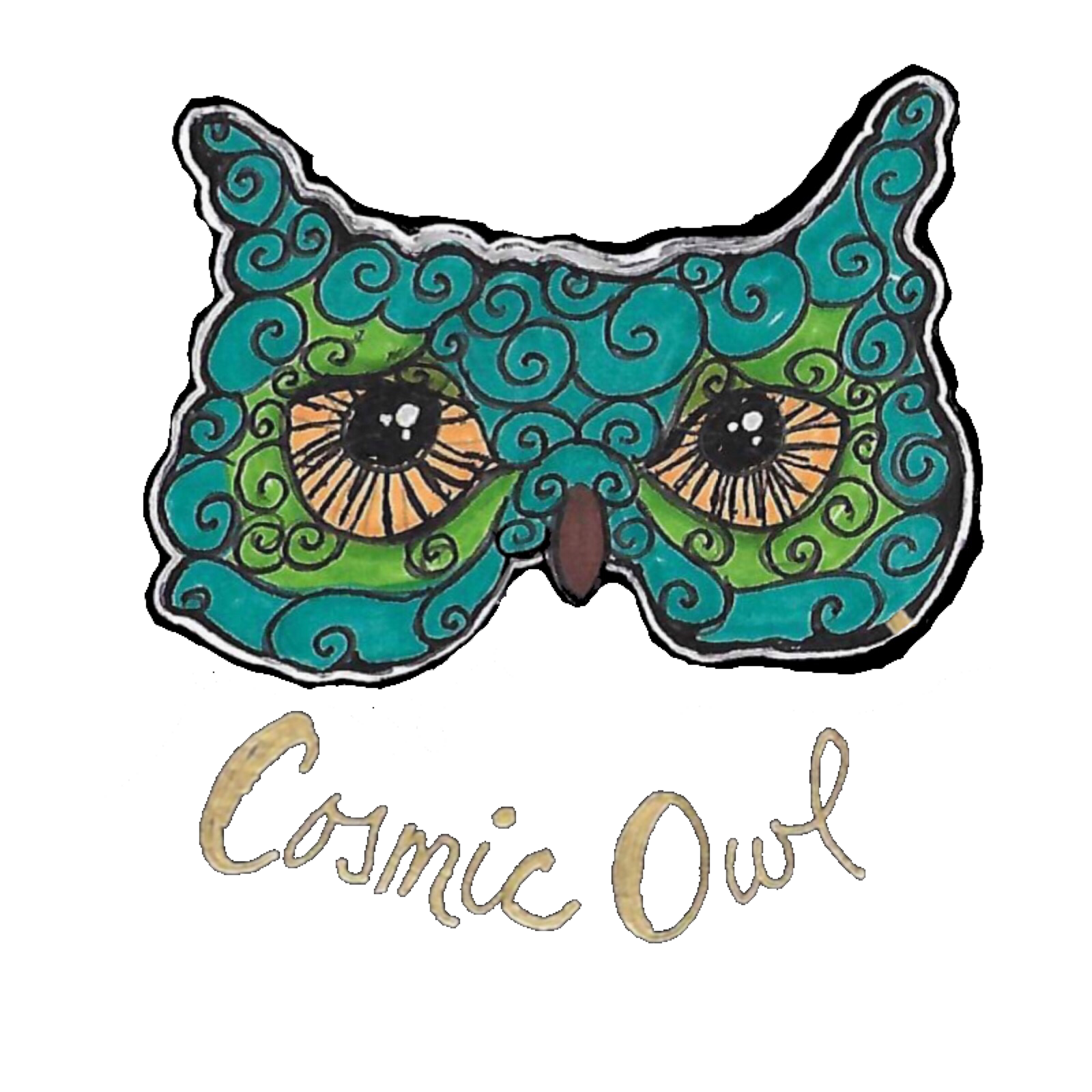 Teal owl mask with swirling patterns; brown eyes, nose, and 