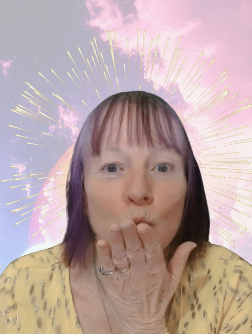 Woman blowing a kiss, purple-tinted hair, yellow shirt. Fireworks and pink/purple sky background.