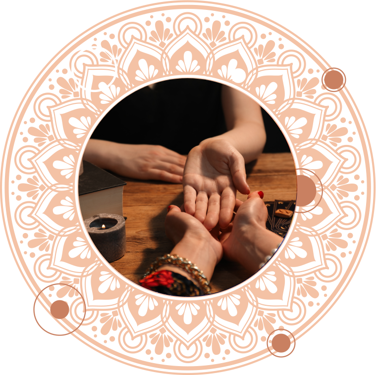 Palm reader examining a person's palm, framed within a decorative circular mandala.