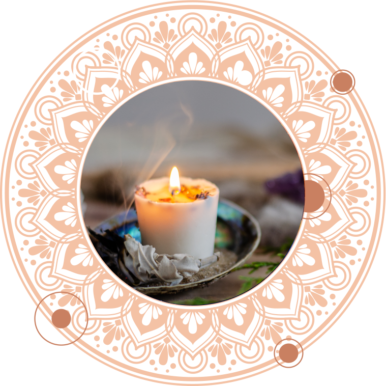Candle burning in a dish, surrounded by sage. Set against a soft mandala design.