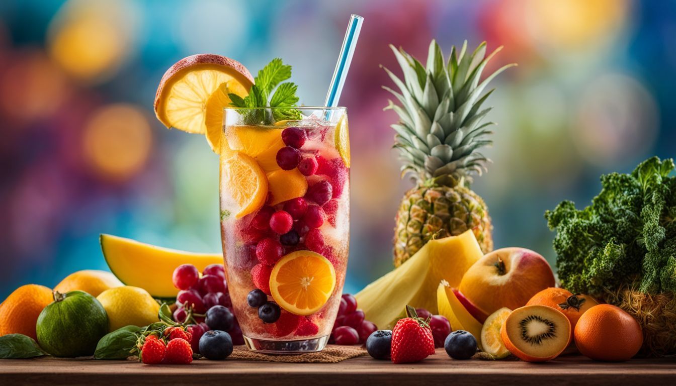 a glass filled with fruit and a straw on a table surrounded by fruit .